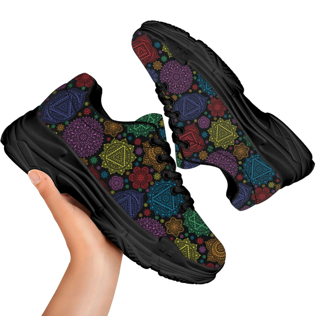 Seven Chakras Flowers Pattern Print Black Chunky Shoes