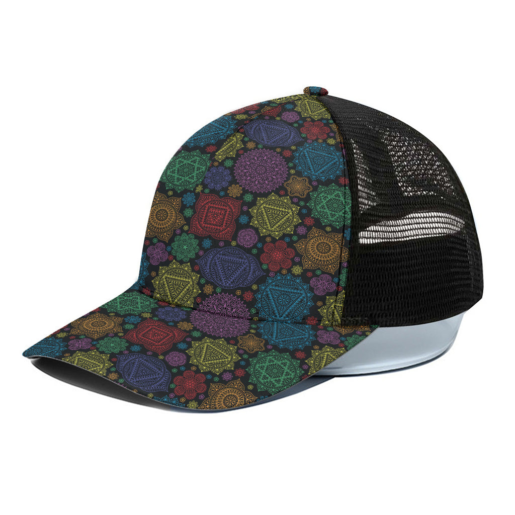 Seven Chakras Flowers Pattern Print Black Mesh Trucker Cap