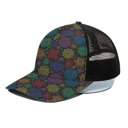 Seven Chakras Flowers Pattern Print Black Mesh Trucker Cap