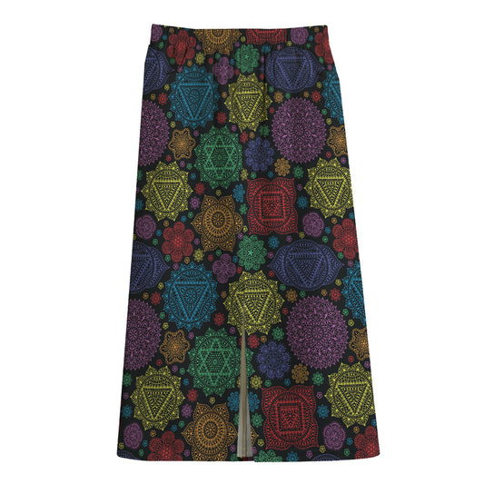 Seven Chakras Flowers Pattern Print Cotton Front Slit Maxi Skirt