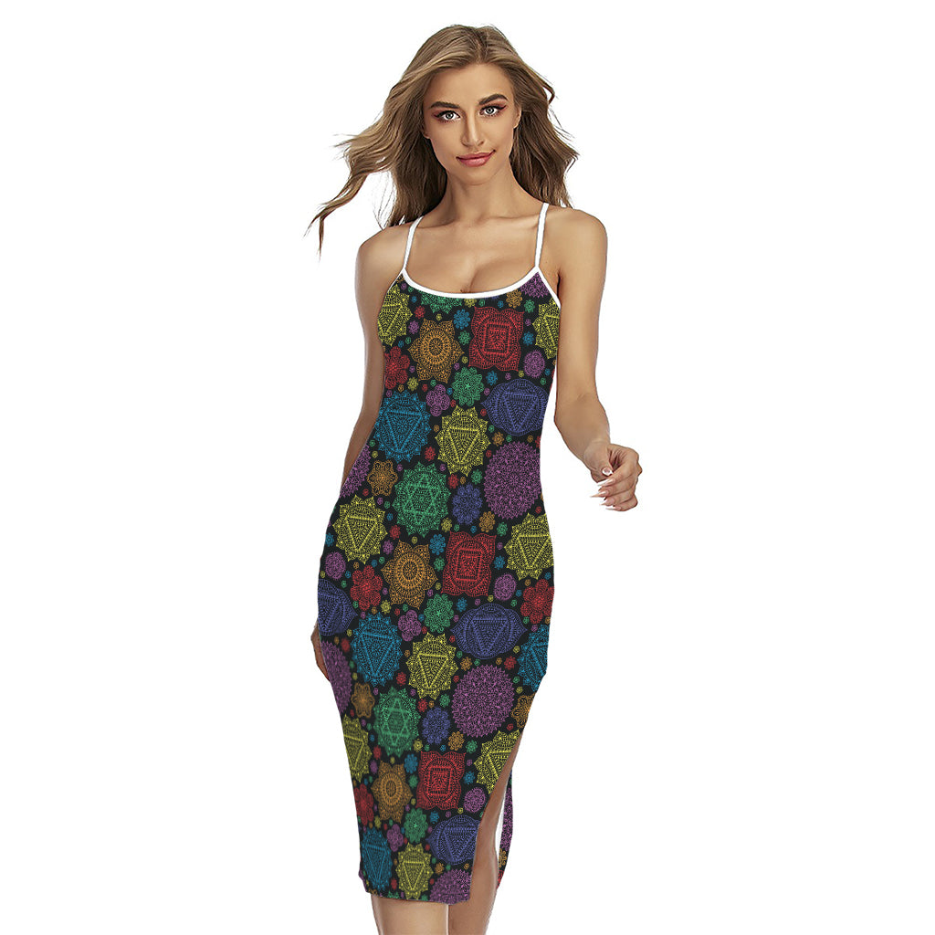 Seven Chakras Flowers Pattern Print Cross Back Cami Dress