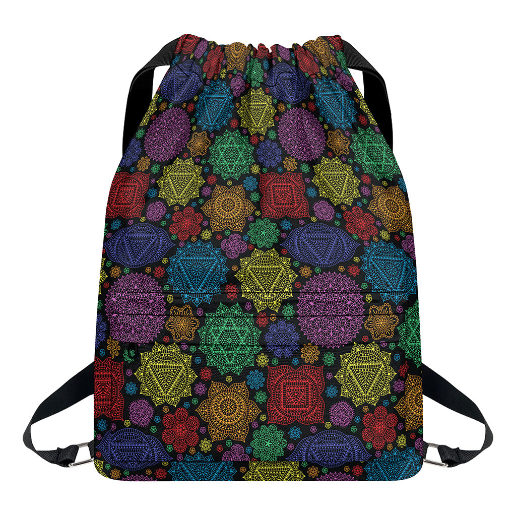 Seven Chakras Flowers Pattern Print Drawstring Backpack