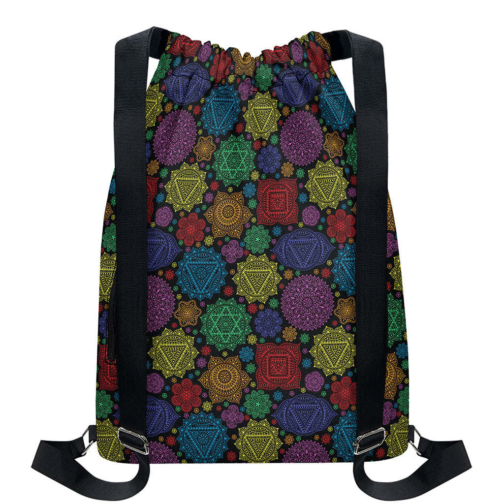 Seven Chakras Flowers Pattern Print Drawstring Backpack