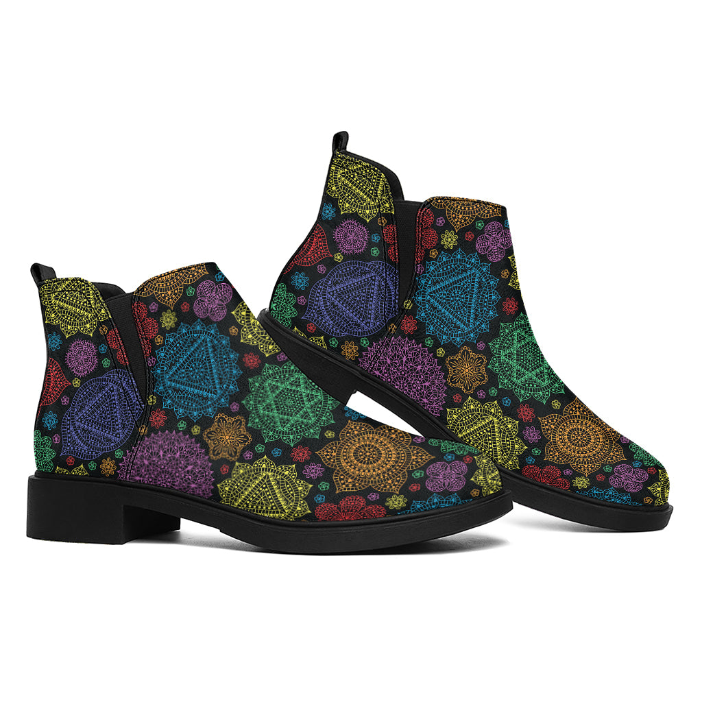 Seven Chakras Flowers Pattern Print Flat Ankle Boots