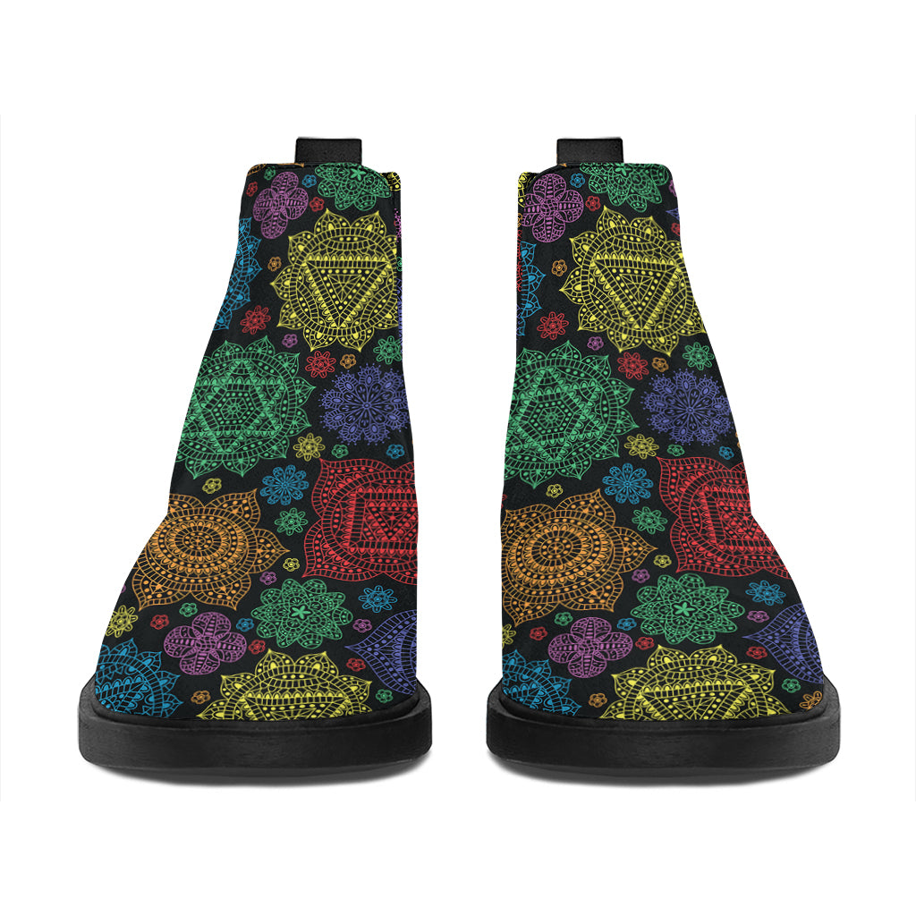 Seven Chakras Flowers Pattern Print Flat Ankle Boots