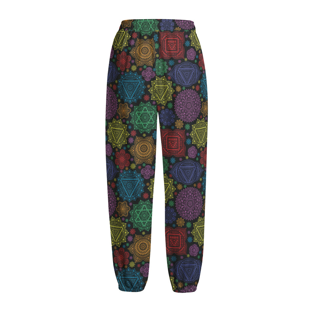 Seven Chakras Flowers Pattern Print Fleece Lined Knit Pants