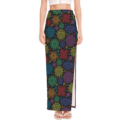 Seven Chakras Flowers Pattern Print High Slit Maxi Skirt