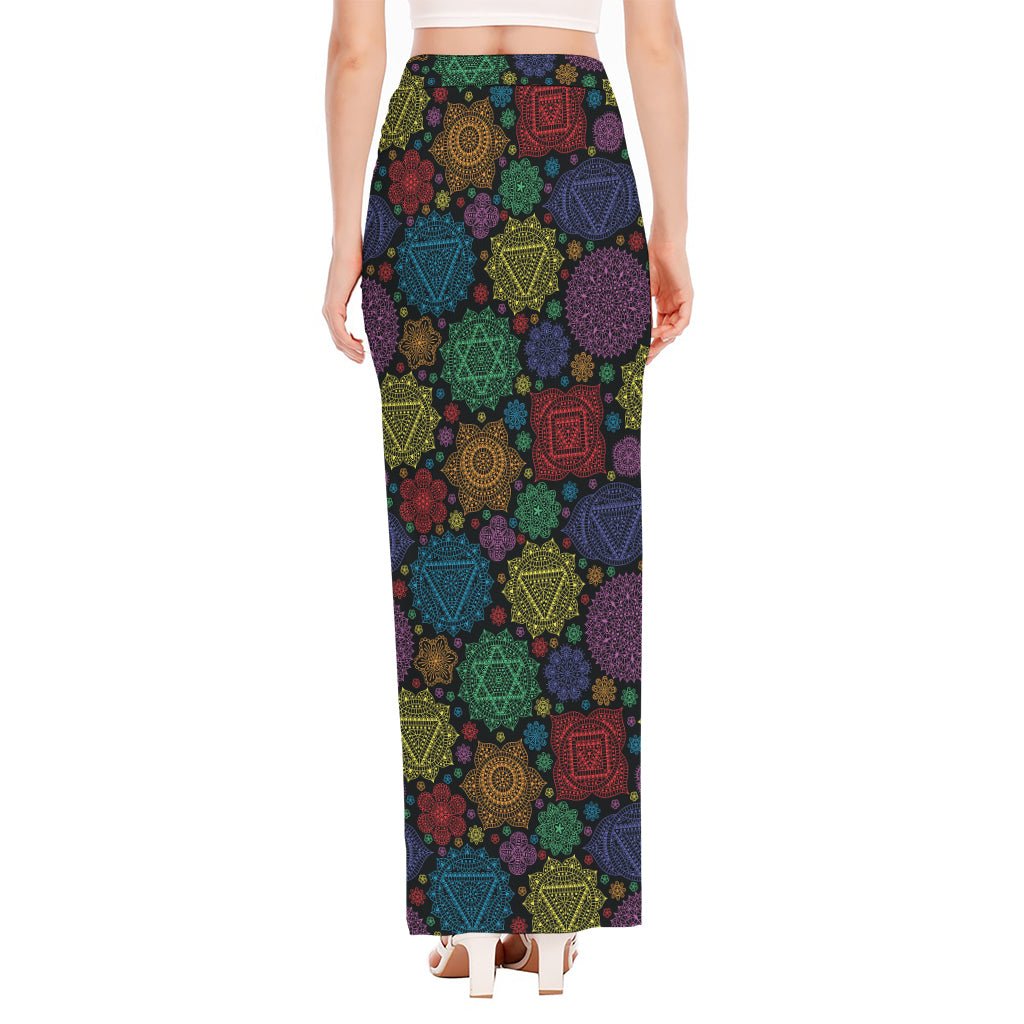Seven Chakras Flowers Pattern Print High Slit Maxi Skirt