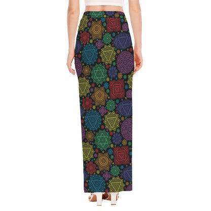 Seven Chakras Flowers Pattern Print High Slit Maxi Skirt
