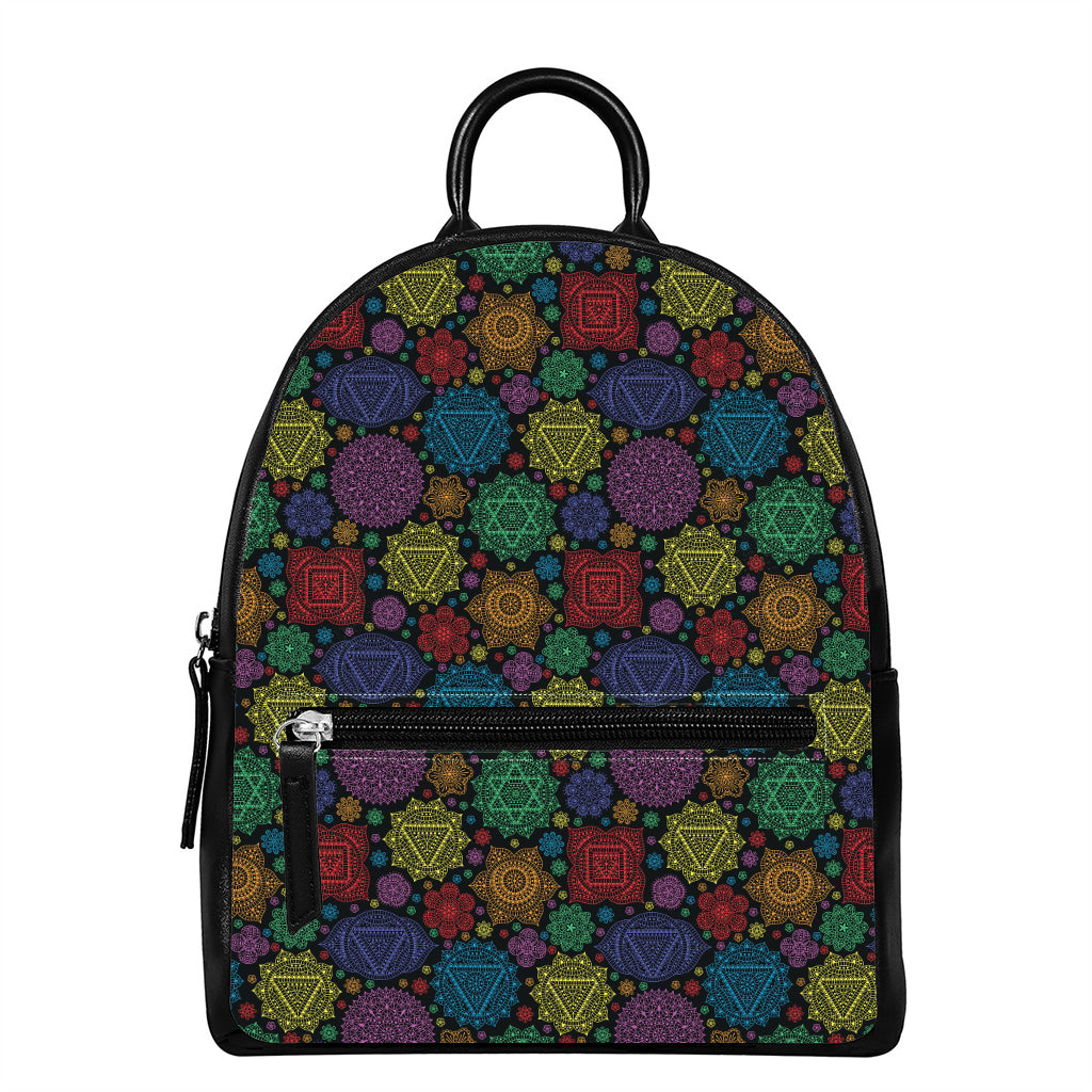 Seven Chakras Flowers Pattern Print Leather Backpack