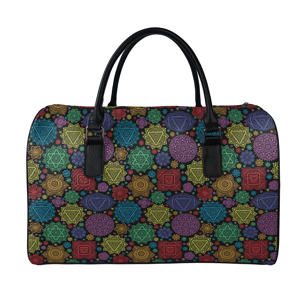 Seven Chakras Flowers Pattern Print Leather Duffle Bag