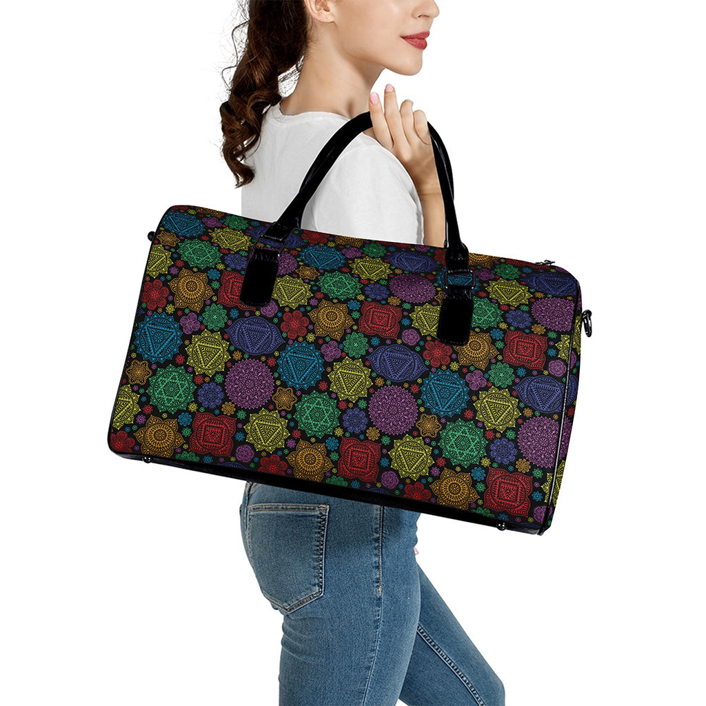 Seven Chakras Flowers Pattern Print Leather Duffle Bag