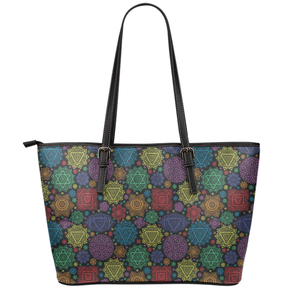 Seven Chakras Flowers Pattern Print Leather Tote Bag