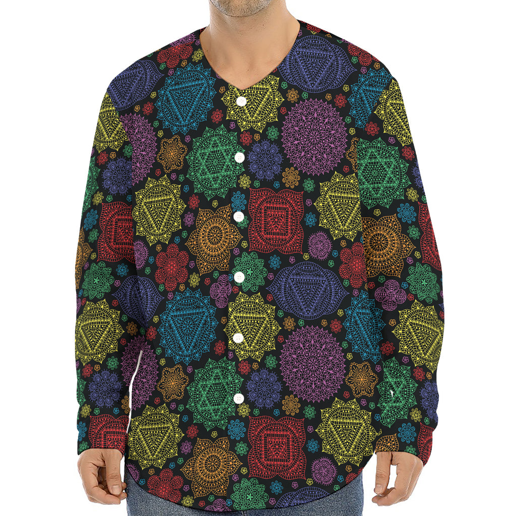 Seven Chakras Flowers Pattern Print Long Sleeve Baseball Jersey