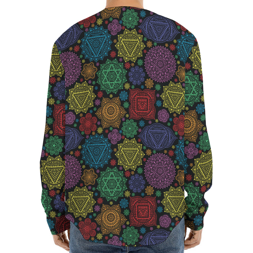 Seven Chakras Flowers Pattern Print Long Sleeve Baseball Jersey