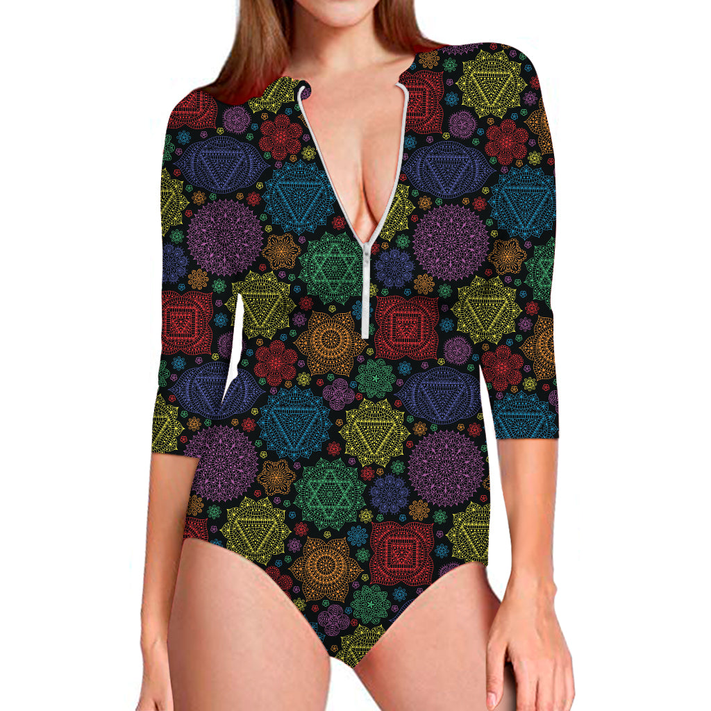 Seven Chakras Flowers Pattern Print Long Sleeve Swimsuit