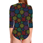 Seven Chakras Flowers Pattern Print Long Sleeve Swimsuit