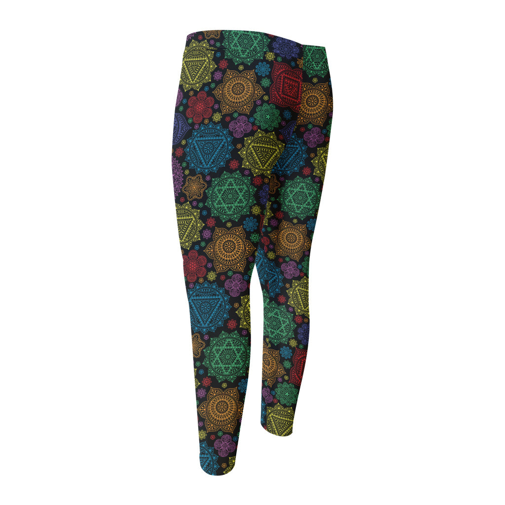 Seven Chakras Flowers Pattern Print Men's Compression Pants
