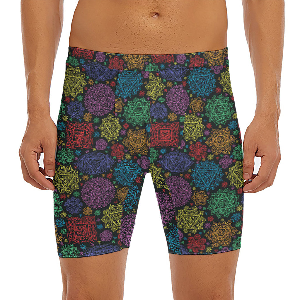 Seven Chakras Flowers Pattern Print Men's Long Boxer Briefs