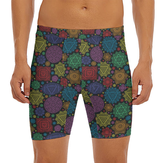 Seven Chakras Flowers Pattern Print Men's Long Boxer Briefs