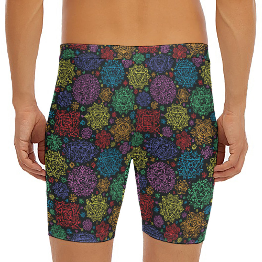 Seven Chakras Flowers Pattern Print Men's Long Boxer Briefs