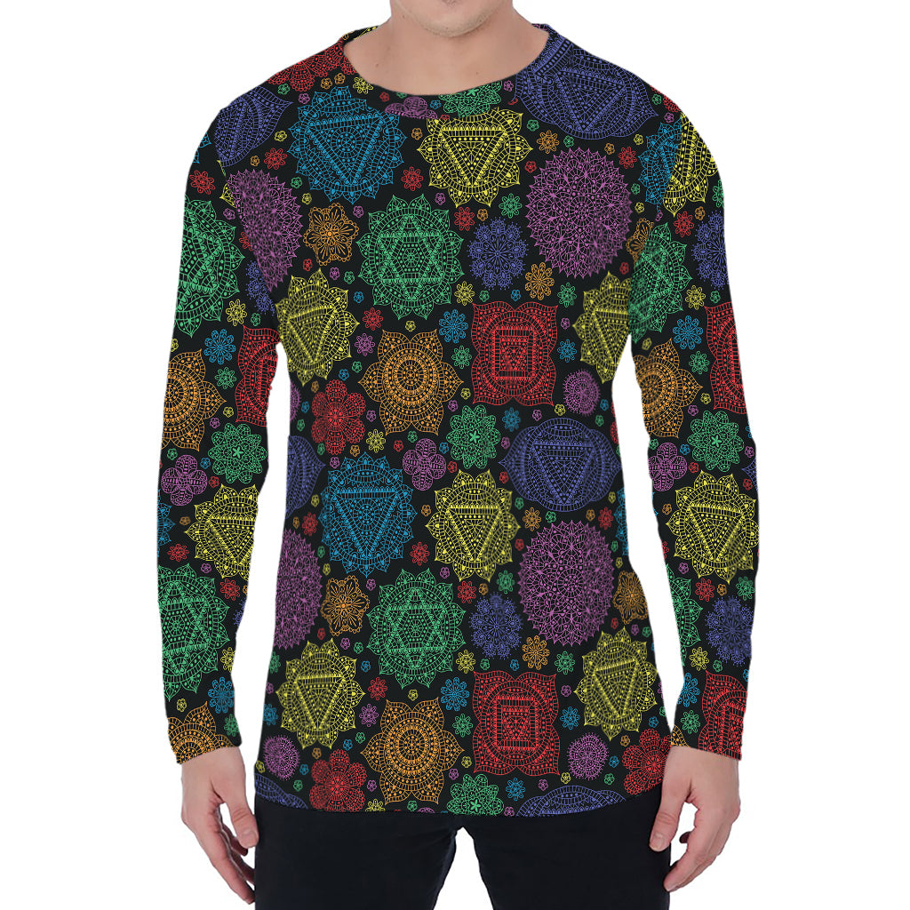 Seven Chakras Flowers Pattern Print Men's Long Sleeve T-Shirt
