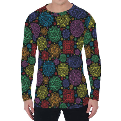 Seven Chakras Flowers Pattern Print Men's Long Sleeve T-Shirt