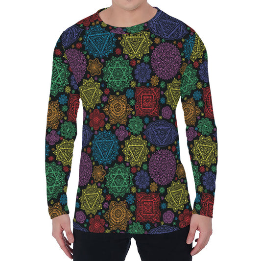 Seven Chakras Flowers Pattern Print Men's Long Sleeve T-Shirt