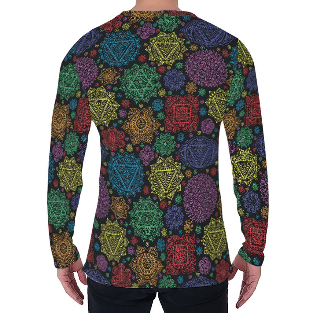 Seven Chakras Flowers Pattern Print Men's Long Sleeve T-Shirt