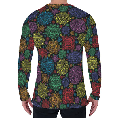 Seven Chakras Flowers Pattern Print Men's Long Sleeve T-Shirt