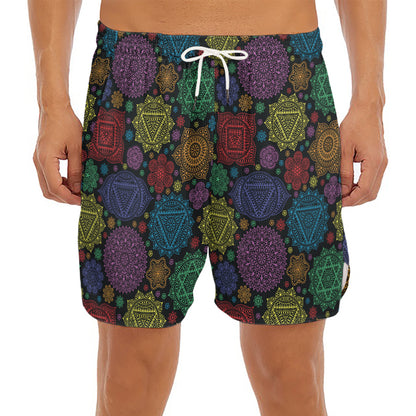 Seven Chakras Flowers Pattern Print Men's Split Running Shorts