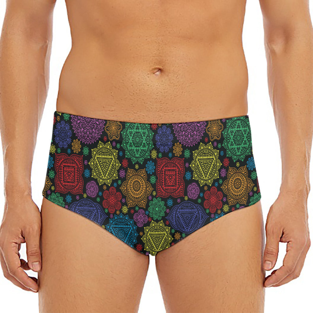 Seven Chakras Flowers Pattern Print Men's Triangle Swim Briefs