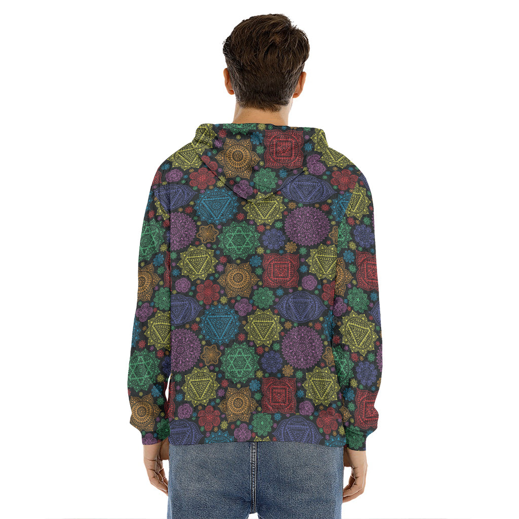 Seven Chakras Flowers Pattern Print Men's Velvet Pullover Hoodie