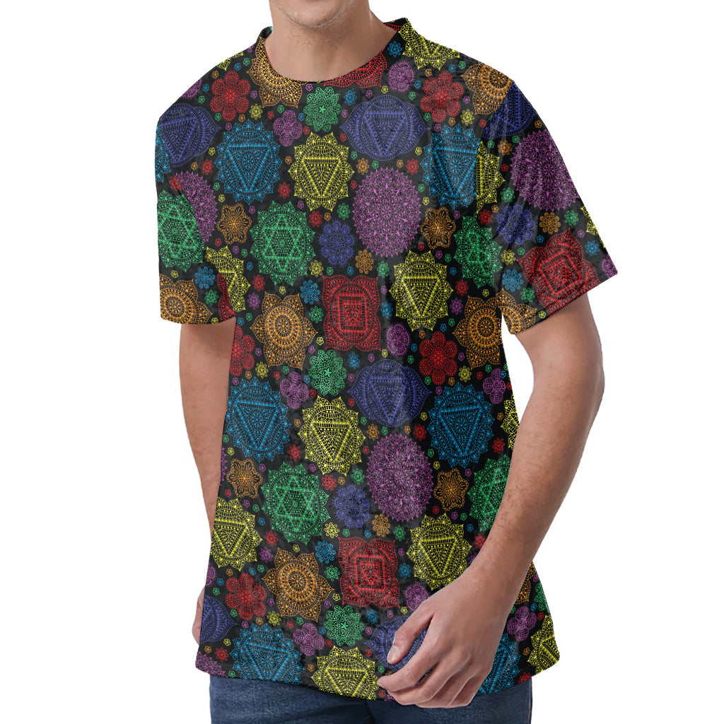 Seven Chakras Flowers Pattern Print Men's Velvet T-Shirt