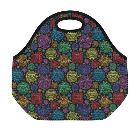 Seven Chakras Flowers Pattern Print Neoprene Lunch Bag