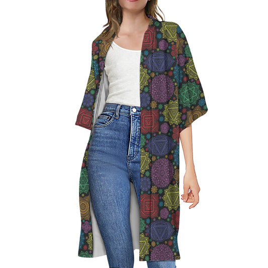 Seven Chakras Flowers Pattern Print Open Front Beach Cover Up