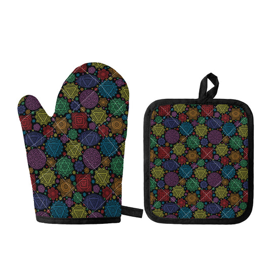 Seven Chakras Flowers Pattern Print Oven Mitt And Pot Holder Set