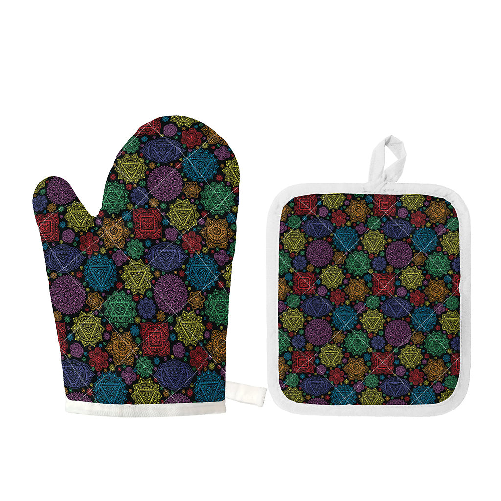 Seven Chakras Flowers Pattern Print Oven Mitt And Pot Holder Set