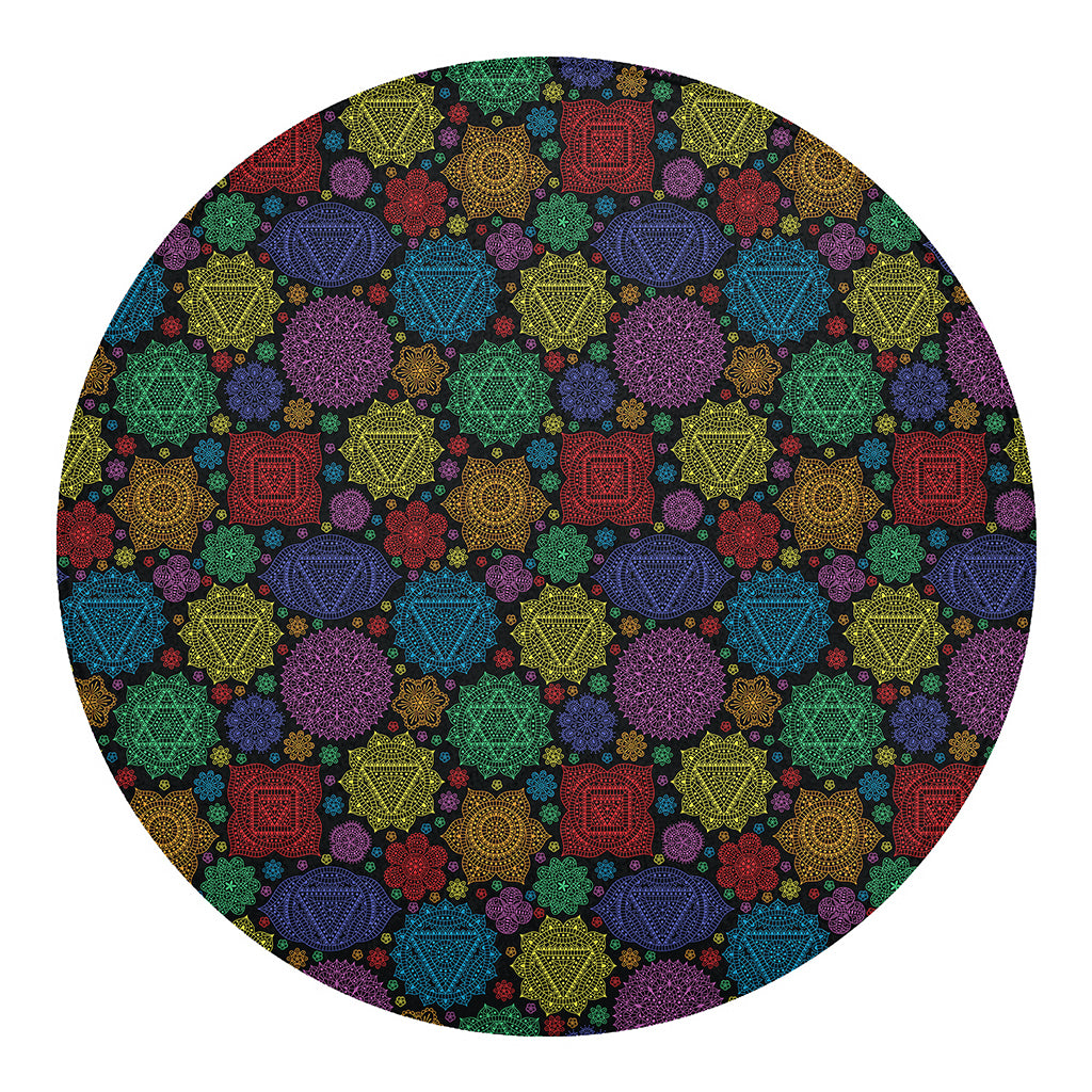Seven Chakras Flowers Pattern Print Round Blanket