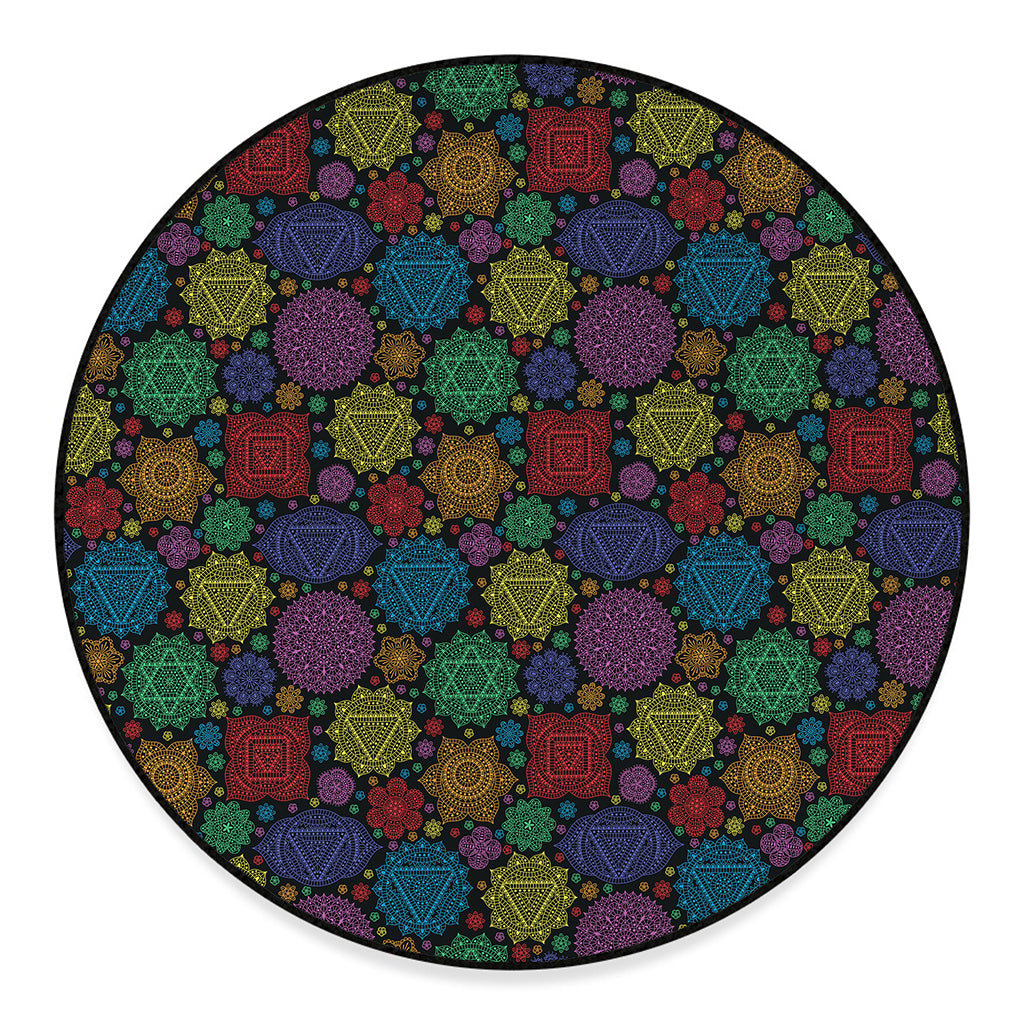 Seven Chakras Flowers Pattern Print Round Floor Mat