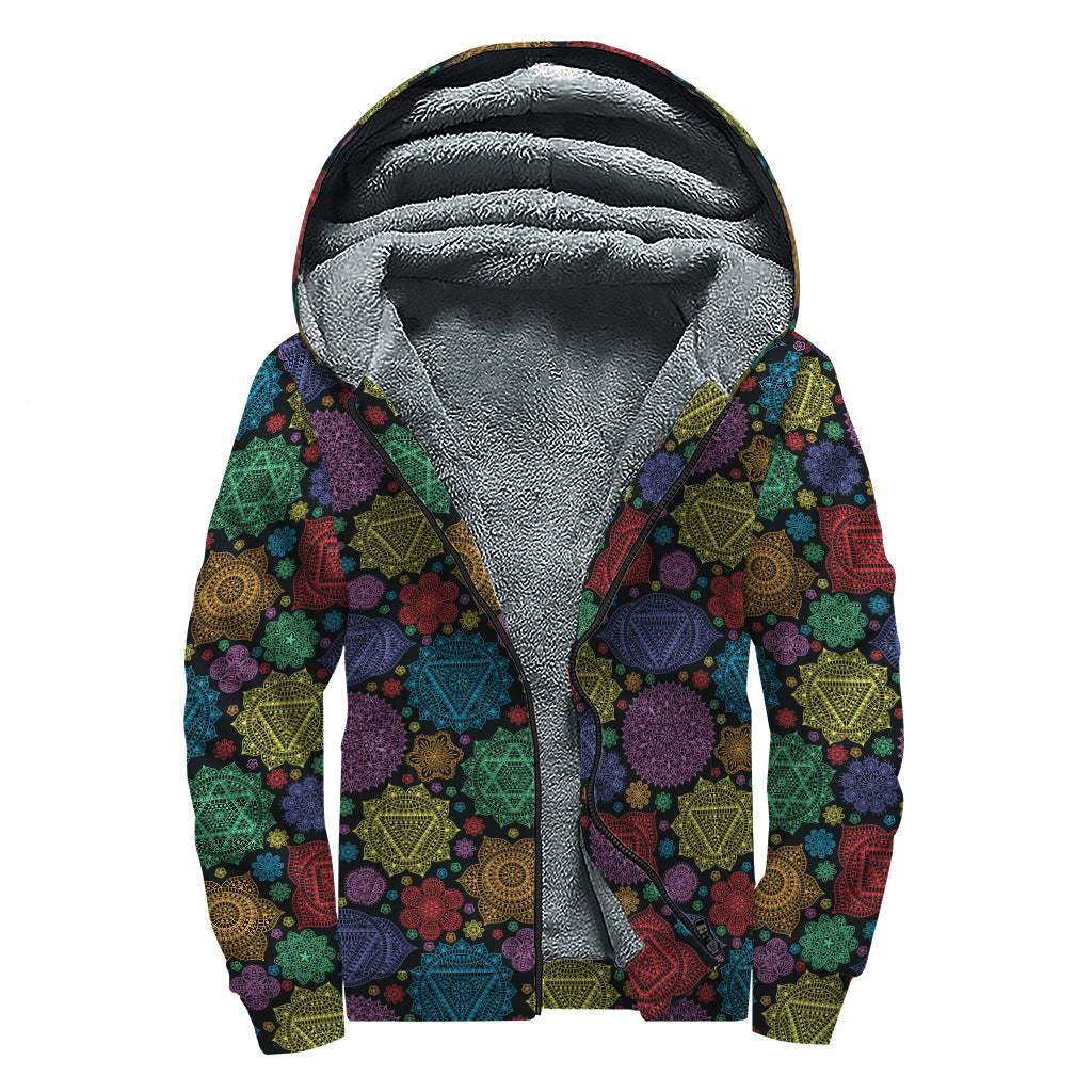 Seven Chakras Flowers Pattern Print Sherpa Lined Zip Up Hoodie