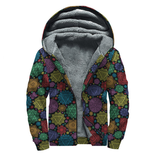 Seven Chakras Flowers Pattern Print Sherpa Lined Zip Up Hoodie
