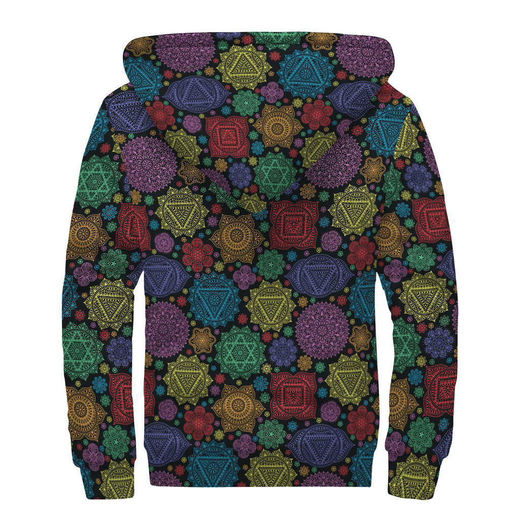 Seven Chakras Flowers Pattern Print Sherpa Lined Zip Up Hoodie