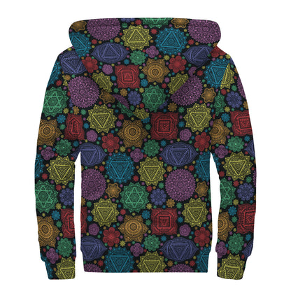 Seven Chakras Flowers Pattern Print Sherpa Lined Zip Up Hoodie