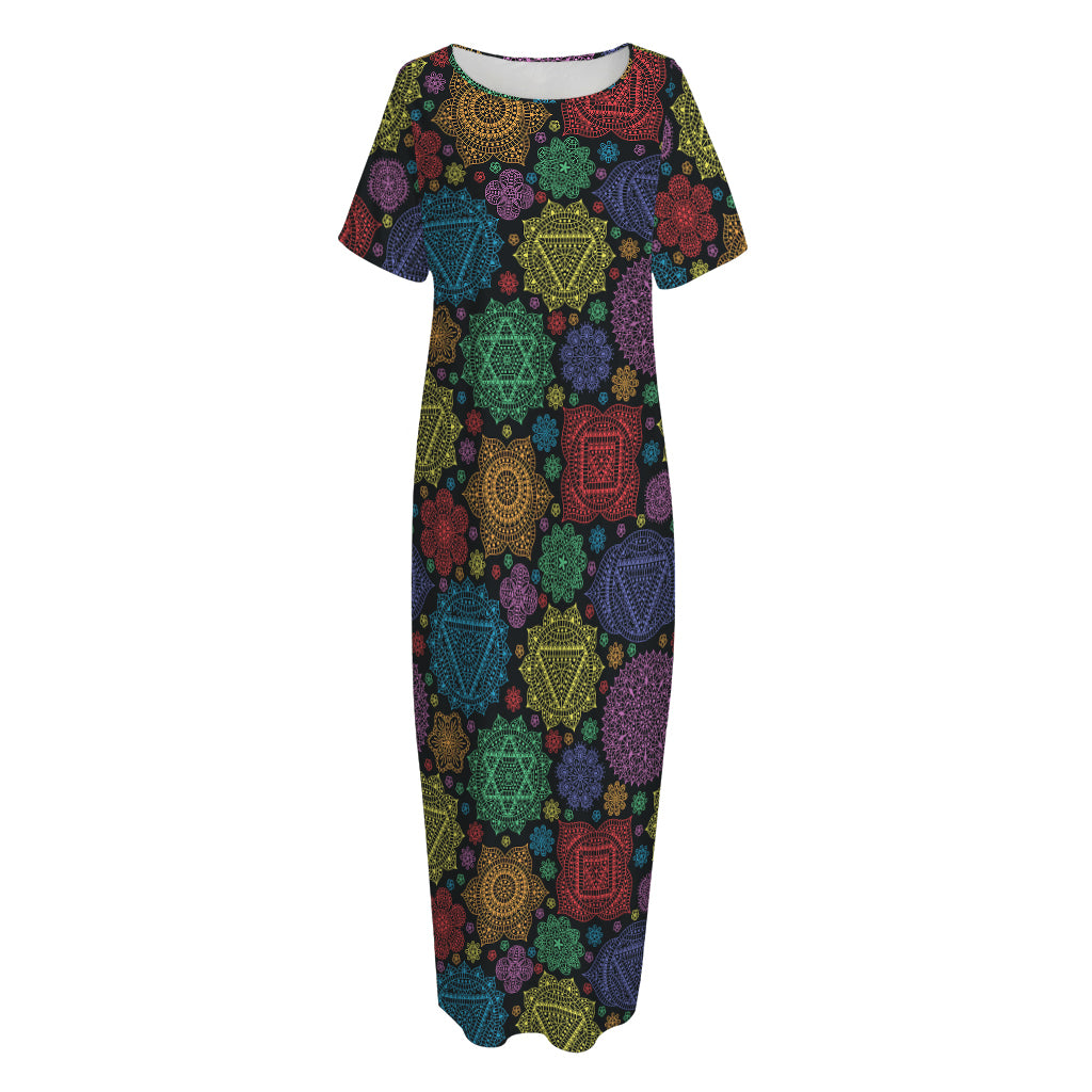 Seven Chakras Flowers Pattern Print Short Sleeve Long Nightdress