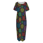 Seven Chakras Flowers Pattern Print Short Sleeve Long Nightdress