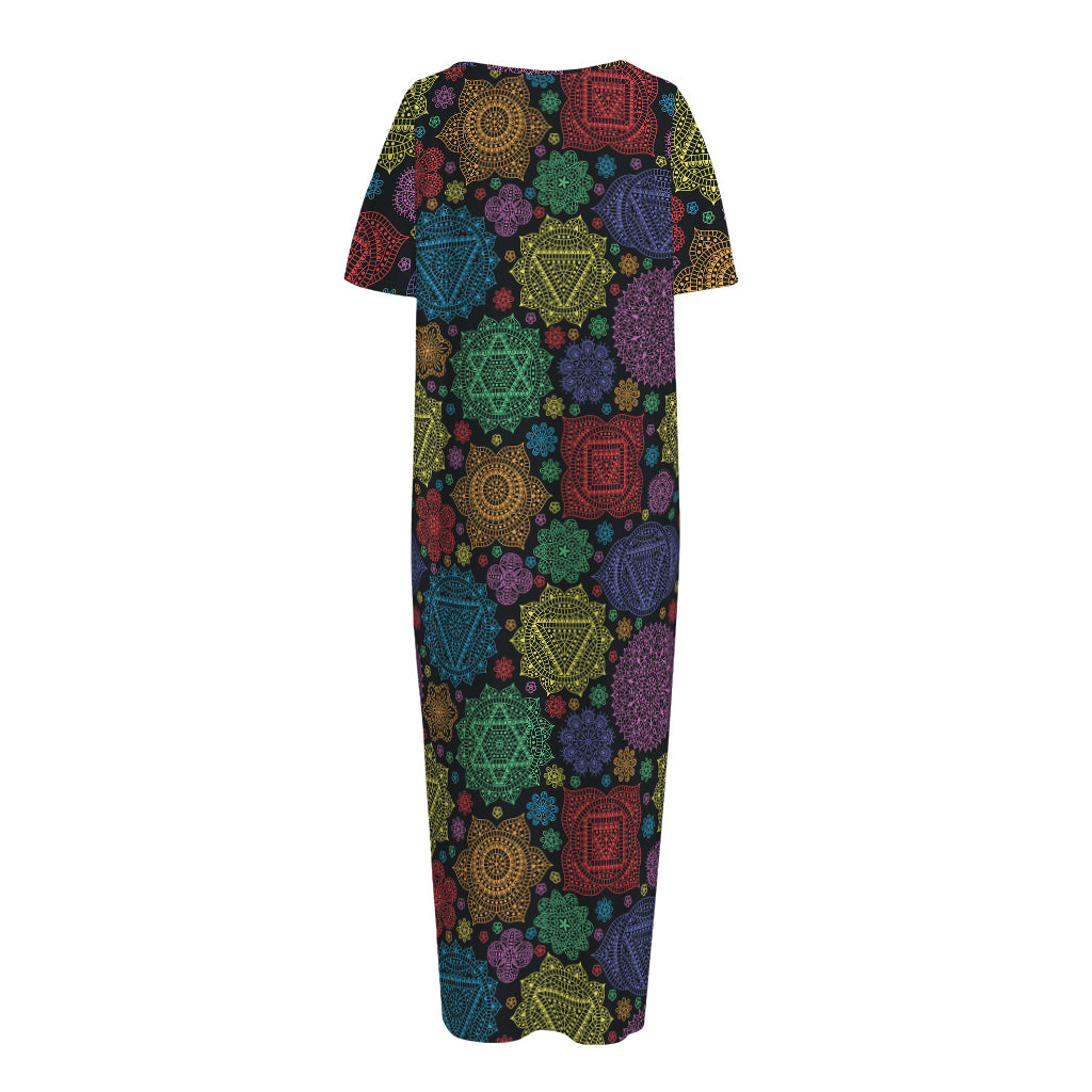 Seven Chakras Flowers Pattern Print Short Sleeve Long Nightdress