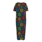 Seven Chakras Flowers Pattern Print Short Sleeve Long Nightdress