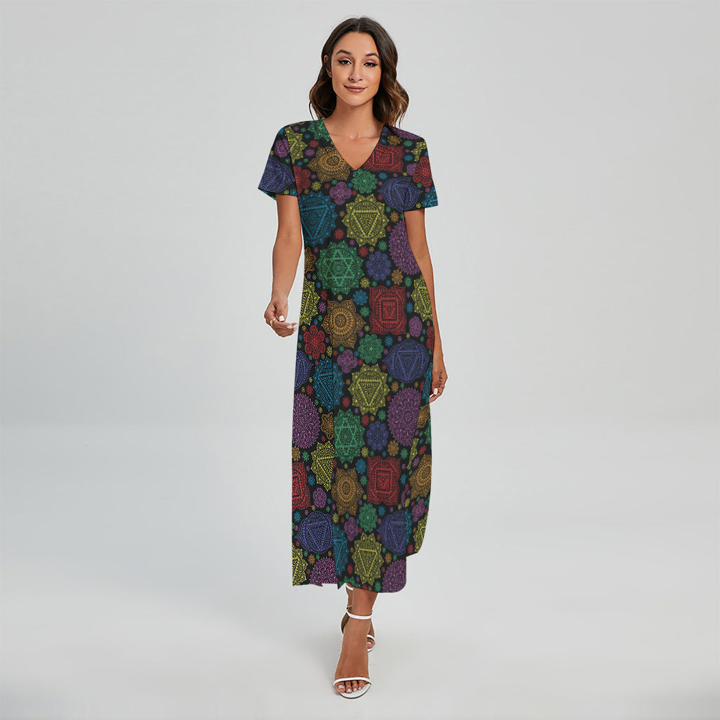 Seven Chakras Flowers Pattern Print Short Sleeve Maxi Dress