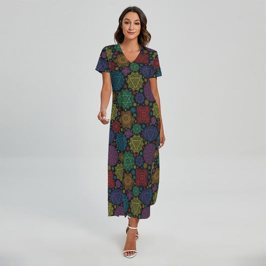 Seven Chakras Flowers Pattern Print Short Sleeve Maxi Dress
